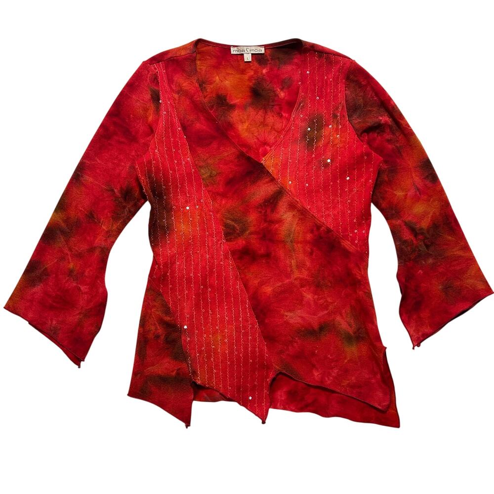 Y2K Moa Moa Fairy Euro V-Neck Sheer Long Bell Sleeves Top L Red Black